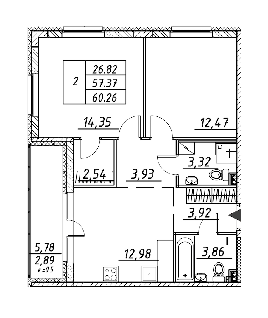 2-комнатная квартира 60.26 м², 3/12 эт., ЖК «Энфилд»