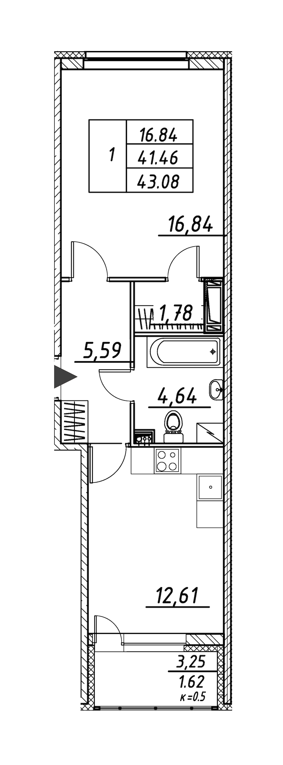 1-комнатная квартира 43.08 м², 4/12 эт., ЖК «Энфилд»