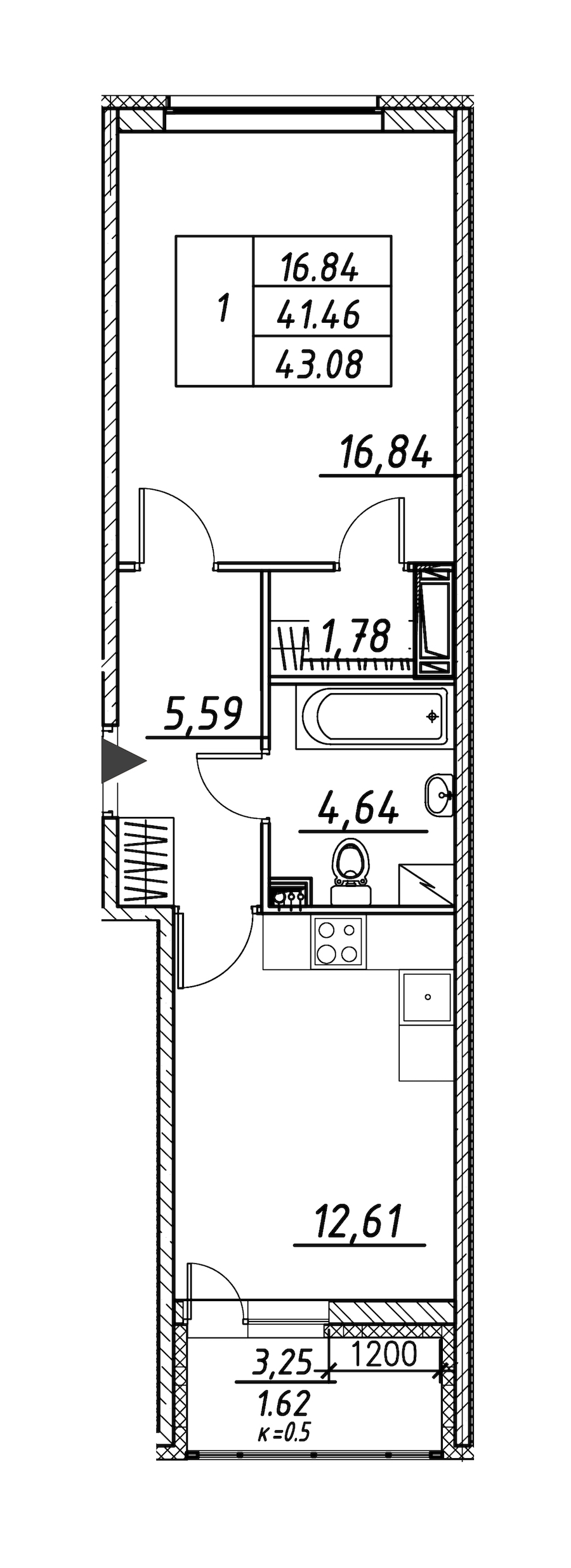 1-комнатная квартира 43.08 м², 12/12 эт., ЖК «Энфилд»