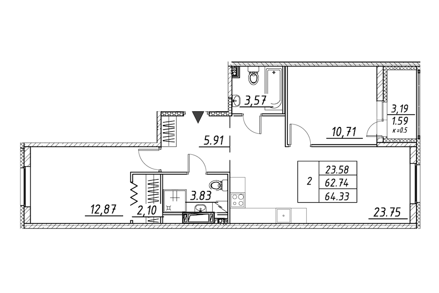2-комнатная квартира 64.33 м², 5/12 эт., ЖК «Энфилд»