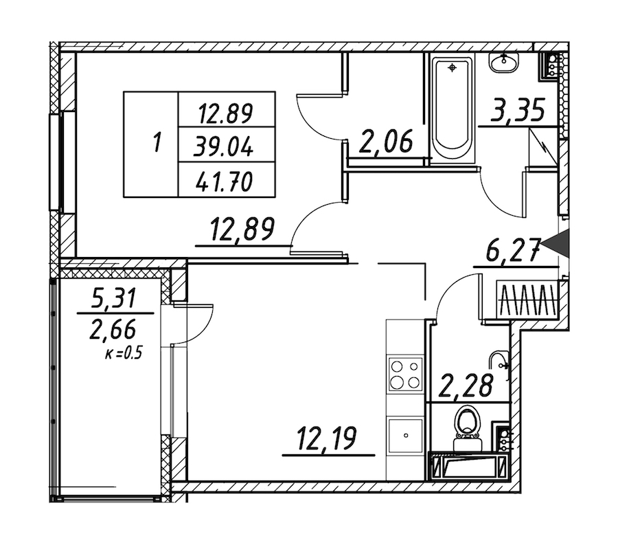 1-комнатная квартира 41.7 м², 4/12 эт., ЖК «Энфилд»