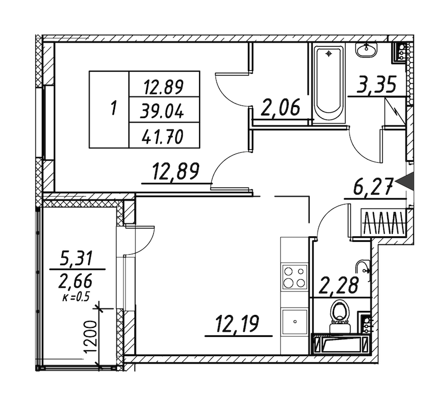 1-комнатная квартира 41.7 м², 7/12 эт., ЖК «Энфилд»