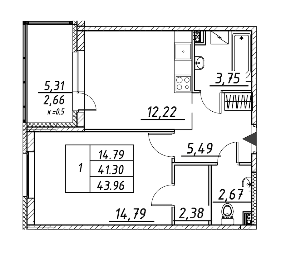 1-комнатная квартира 43.96 м², 3/12 эт., ЖК «Энфилд»