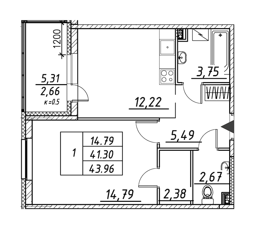 1-комнатная квартира 43.96 м², 12/12 эт., ЖК «Энфилд»