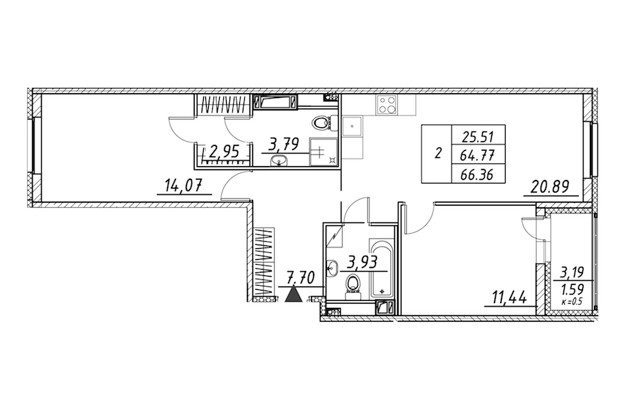 2-комнатная квартира 66.36 м², 4/12 эт., ЖК «Энфилд»
