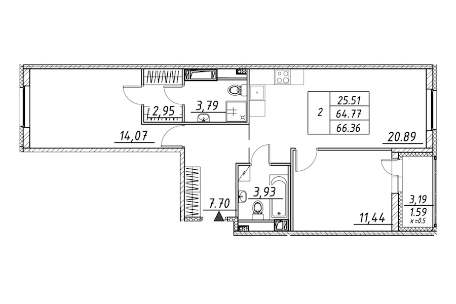 2-комнатная квартира 66.36 м², 10/12 эт., ЖК «Энфилд»