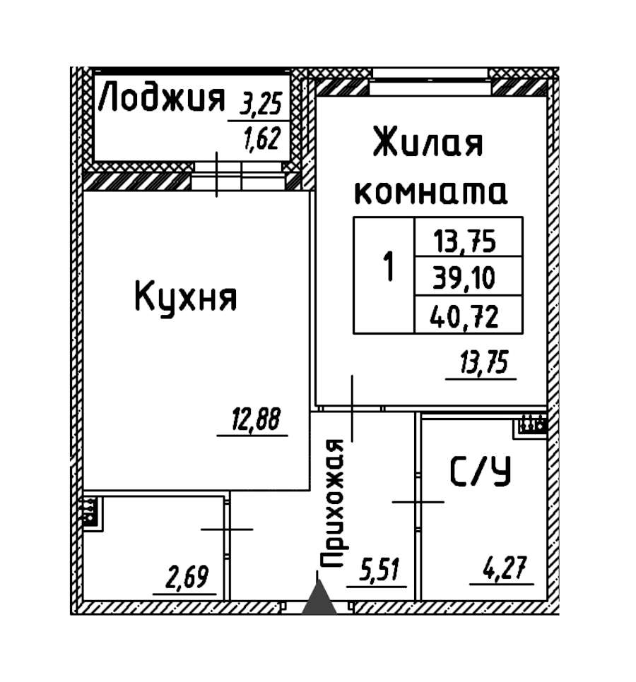 1-комнатная квартира 40.72 м², 2/12 эт., ЖК «Энфилд»