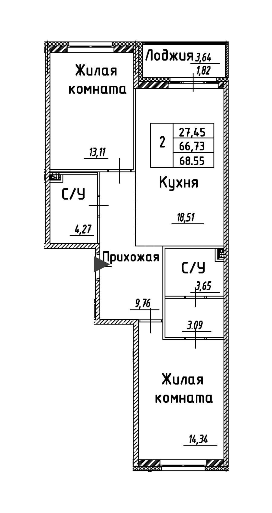 2-комнатная квартира 68.55 м², 2/12 эт., ЖК «Энфилд»