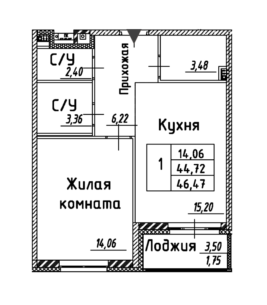 1-комнатная квартира 46.47 м², 2/12 эт., ЖК «Энфилд»