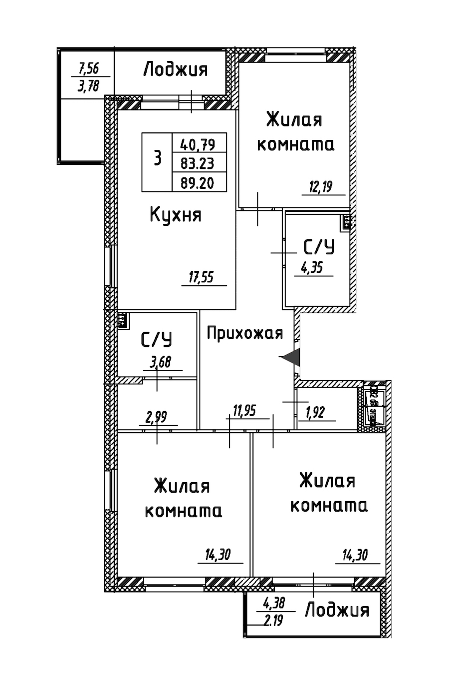 3-комнатная квартира 89.2 м², 2/12 эт., ЖК «Энфилд»