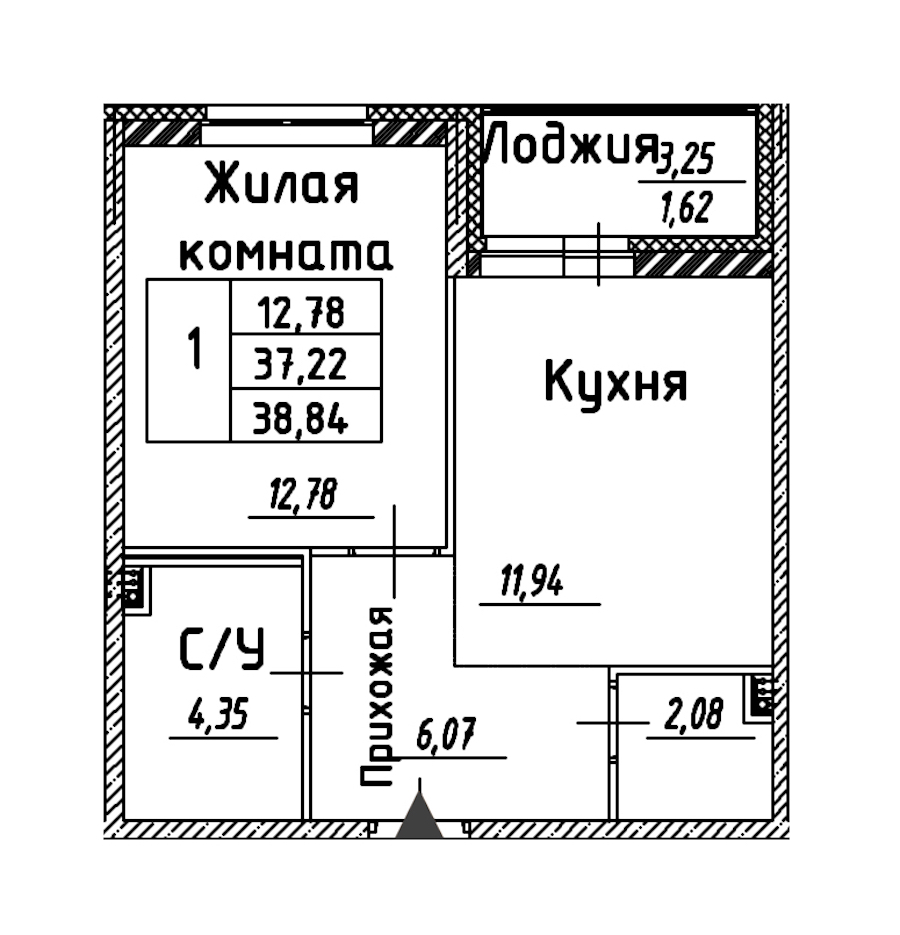 1-комнатная квартира 38.84 м², 2/12 эт., ЖК «Энфилд»