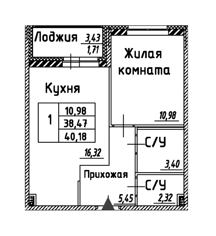 1-комнатная квартира 40.18 м², 2/12 эт., ЖК «Энфилд»