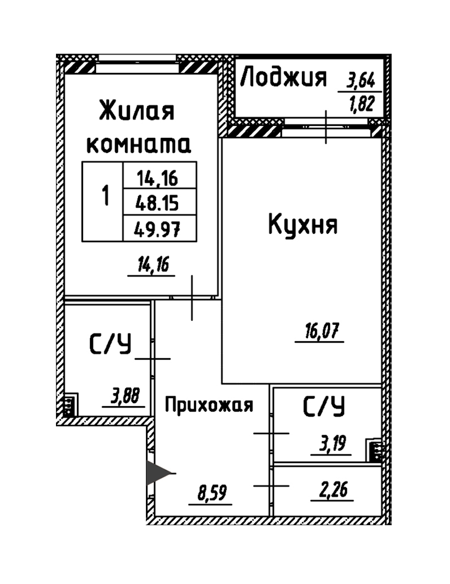 1-комнатная квартира 49.97 м², 2/12 эт., ЖК «Энфилд»