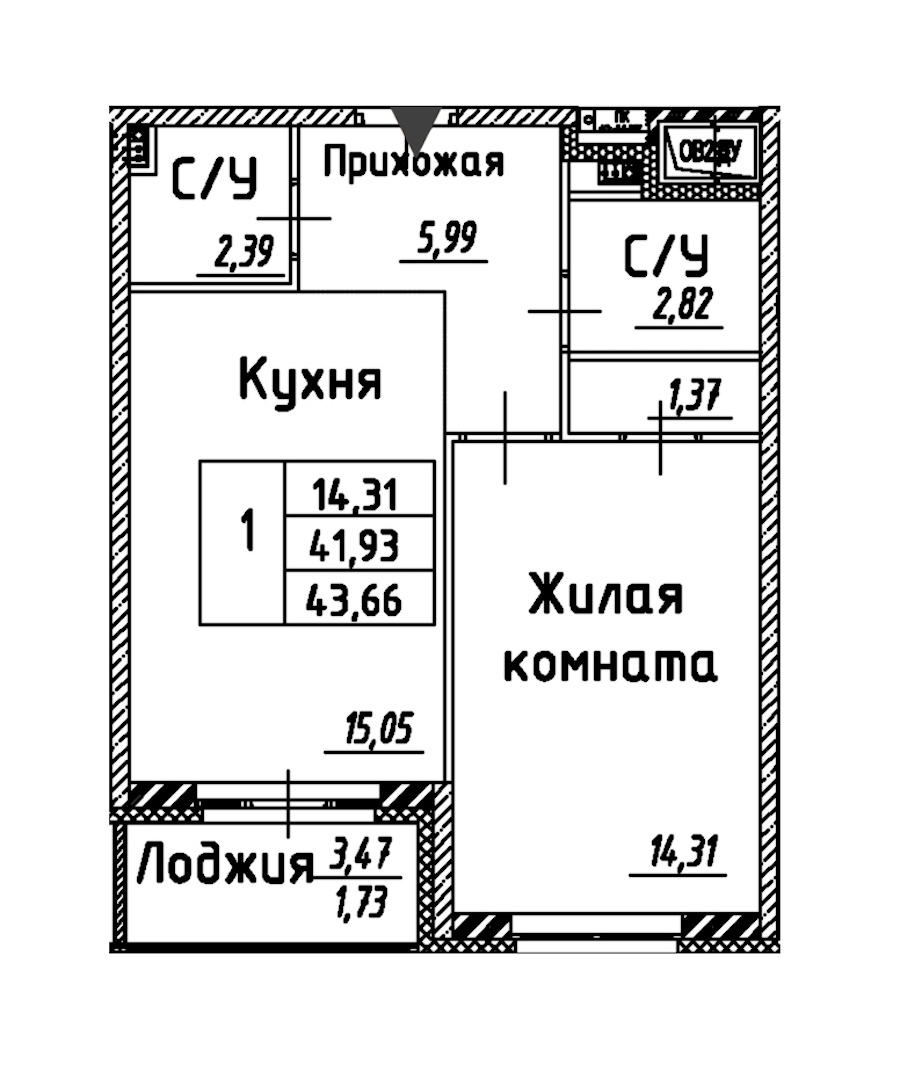 1-комнатная квартира 43.66 м², 2/12 эт., ЖК «Энфилд»
