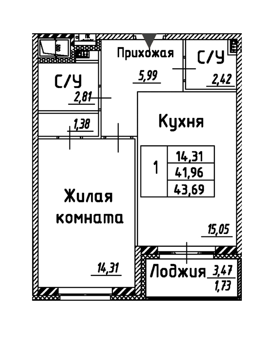 1-комнатная квартира 43.69 м², 2/12 эт., ЖК «Энфилд»