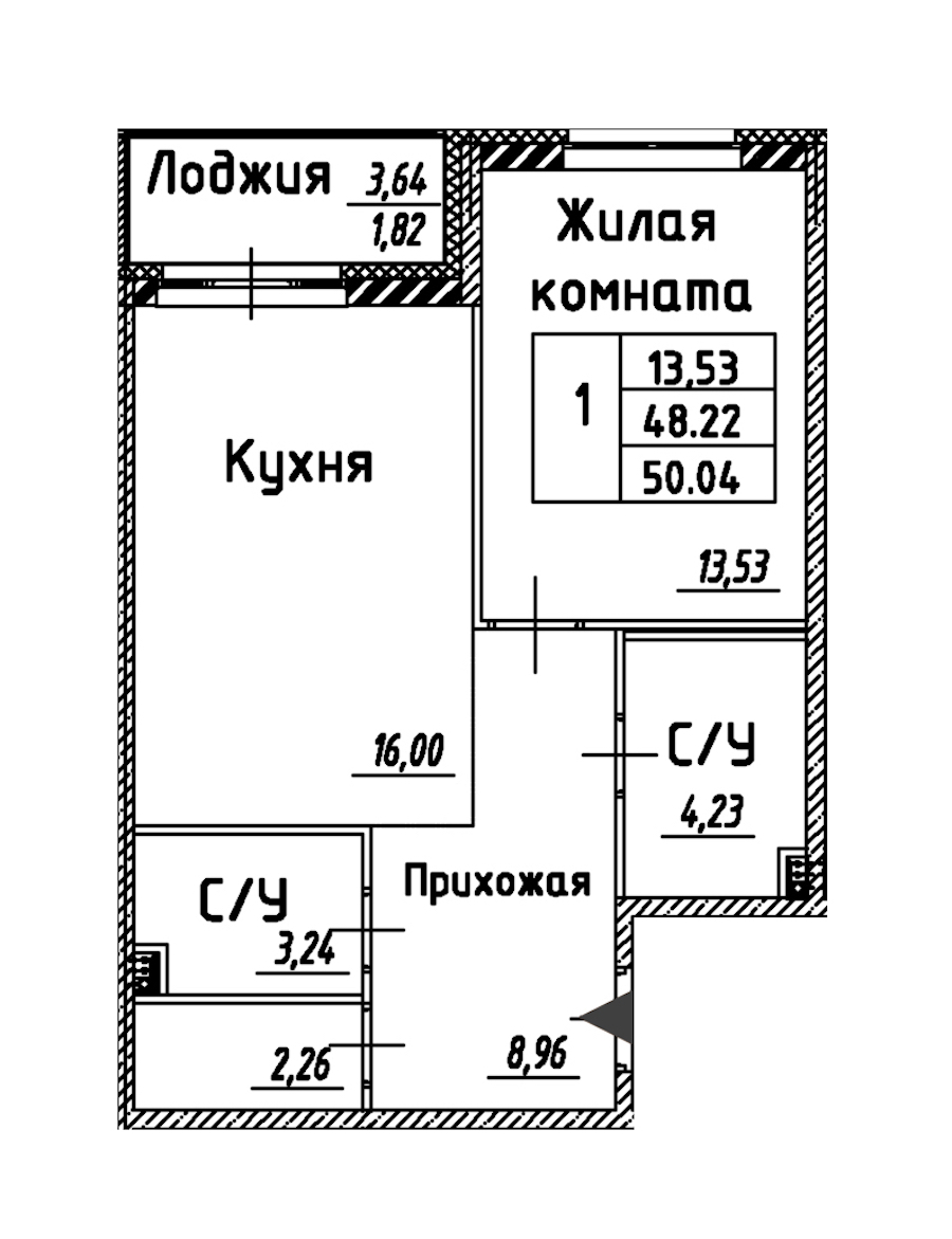 1-комнатная квартира 50.04 м², 2/12 эт., ЖК «Энфилд»