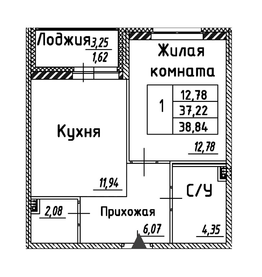 1-комнатная квартира 38.84 м², 2/12 эт., ЖК «Энфилд»
