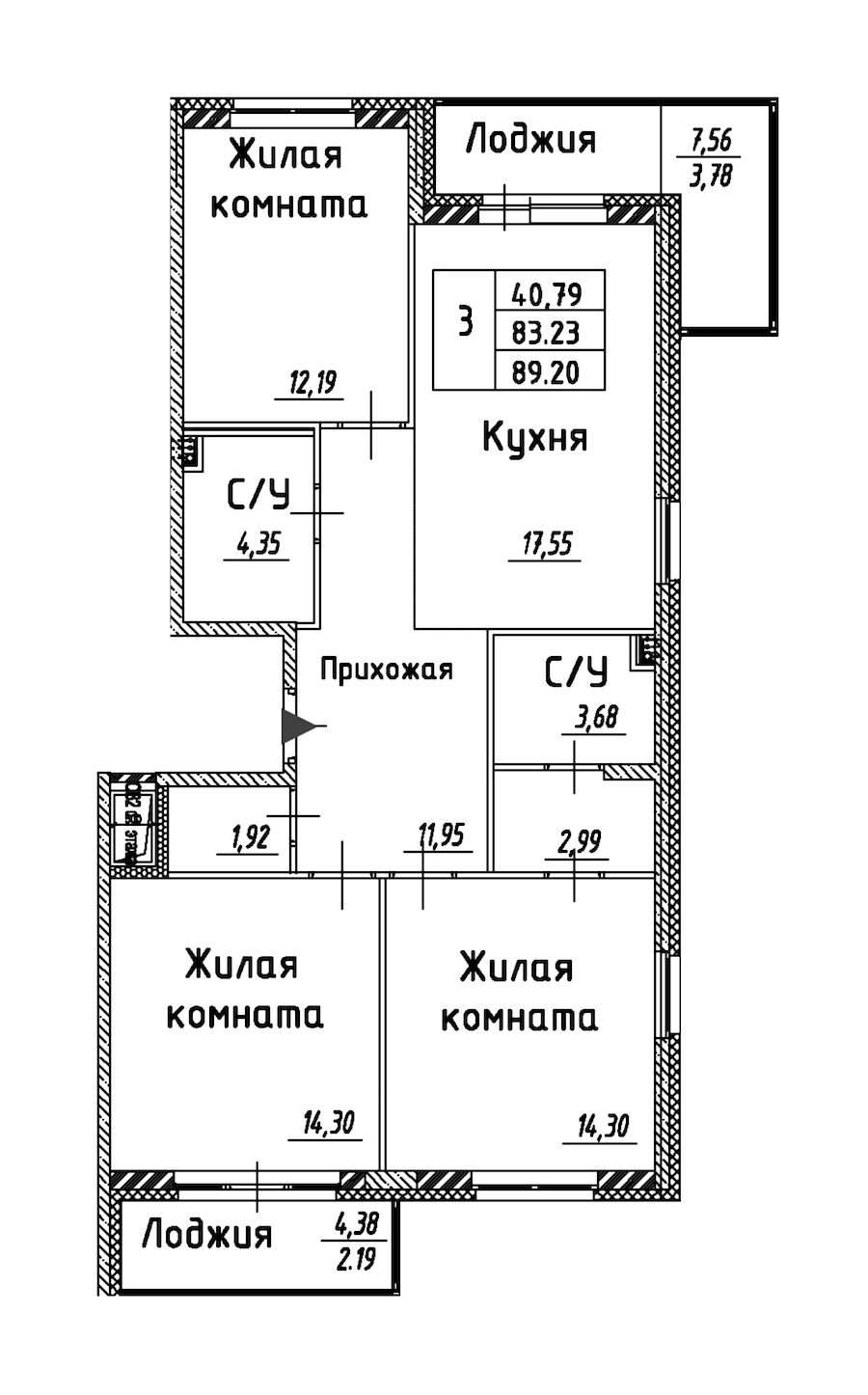 3-комнатная квартира 89.2 м², 2/12 эт., ЖК «Энфилд»