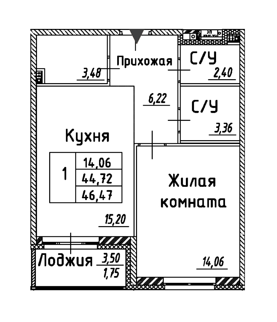 1-комнатная квартира 46.47 м², 2/12 эт., ЖК «Энфилд»