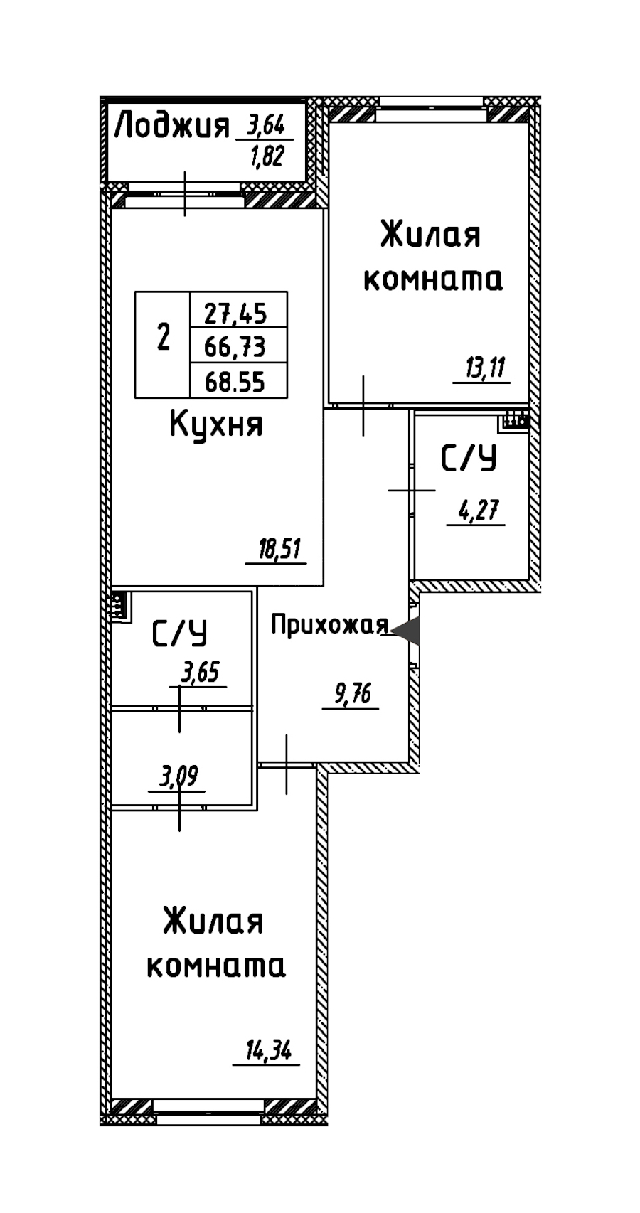 2-комнатная квартира 68.55 м², 2/12 эт., ЖК «Энфилд»