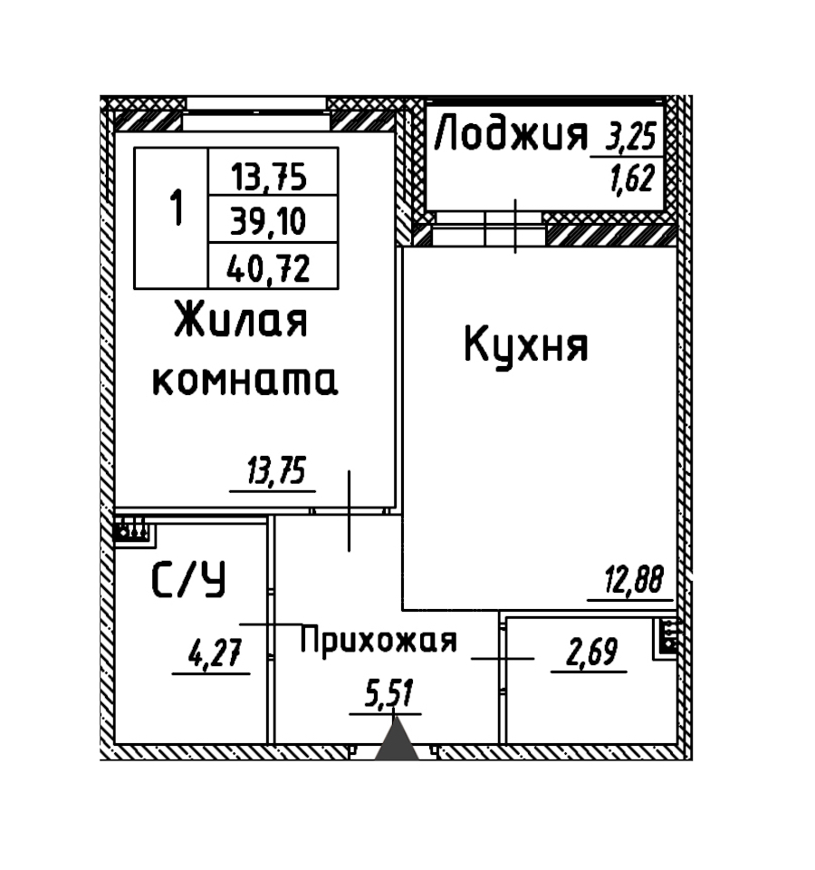 1-комнатная квартира 40.72 м², 2/12 эт., ЖК «Энфилд»