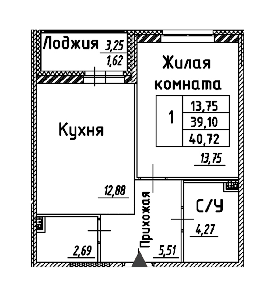 1-комнатная квартира 40.72 м², 3/12 эт., ЖК «Энфилд»