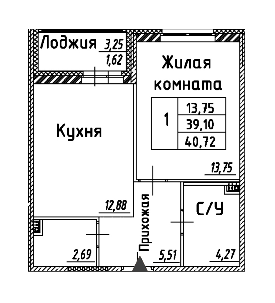 1-комнатная квартира 40.72 м², 8/12 эт., ЖК «Энфилд»