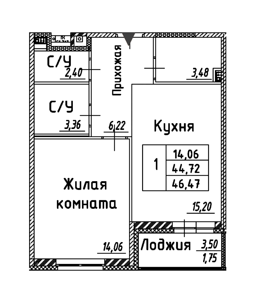 1-комнатная квартира 46.47 м², 6/12 эт., ЖК «Энфилд»