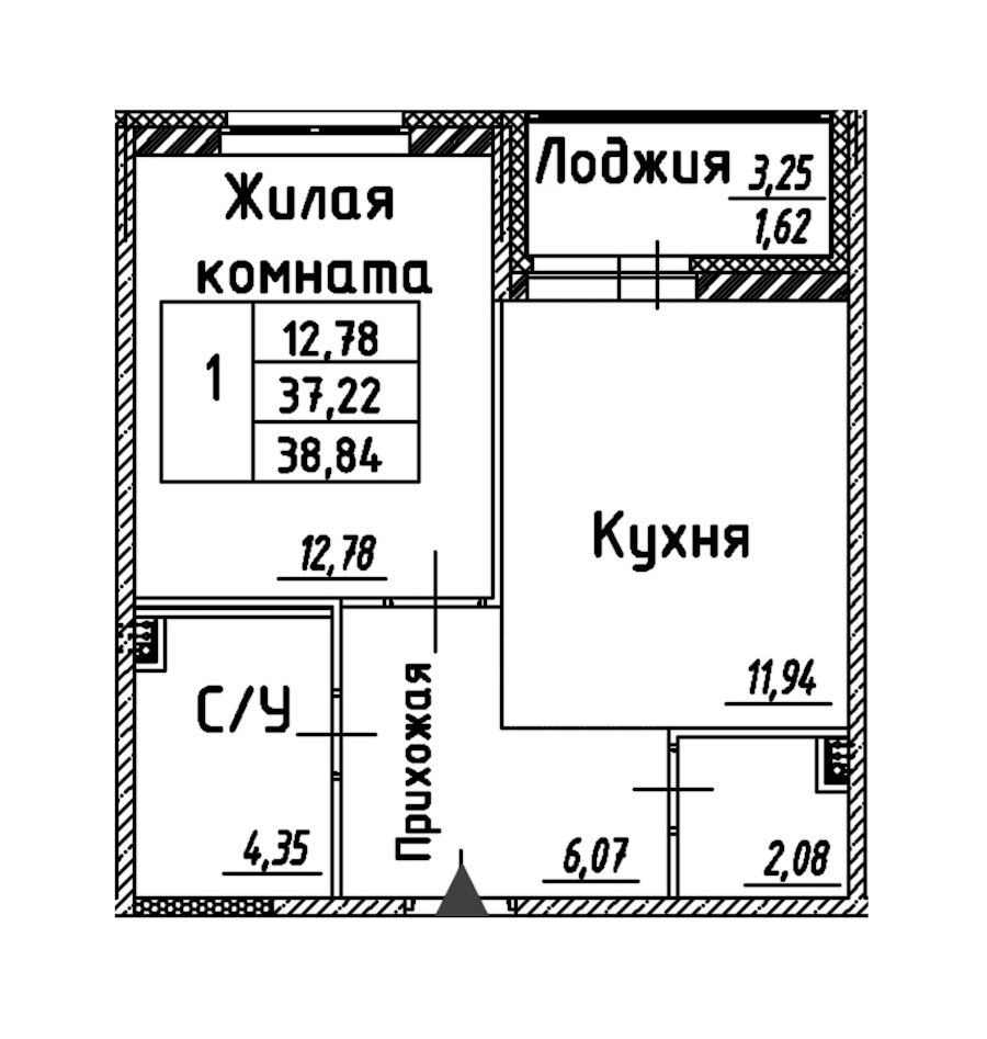 1-комнатная квартира 38.84 м², 4/12 эт., ЖК «Энфилд»