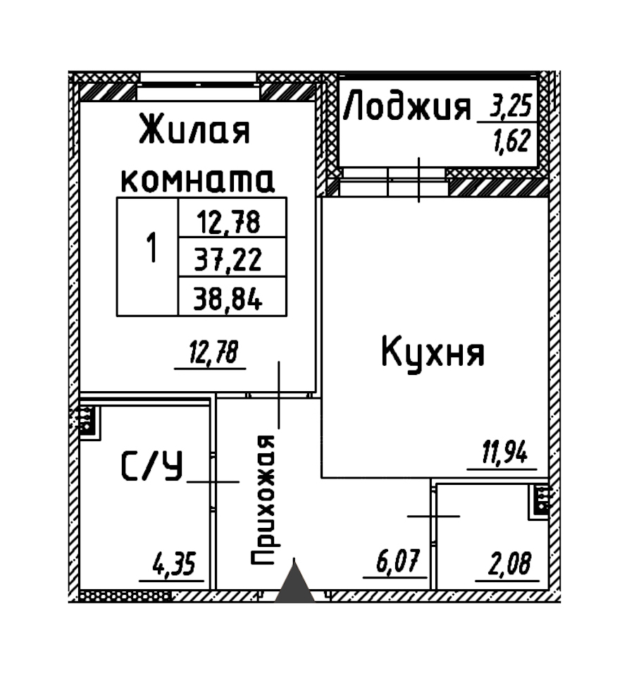 1-комнатная квартира 38.84 м², 8/12 эт., ЖК «Энфилд»