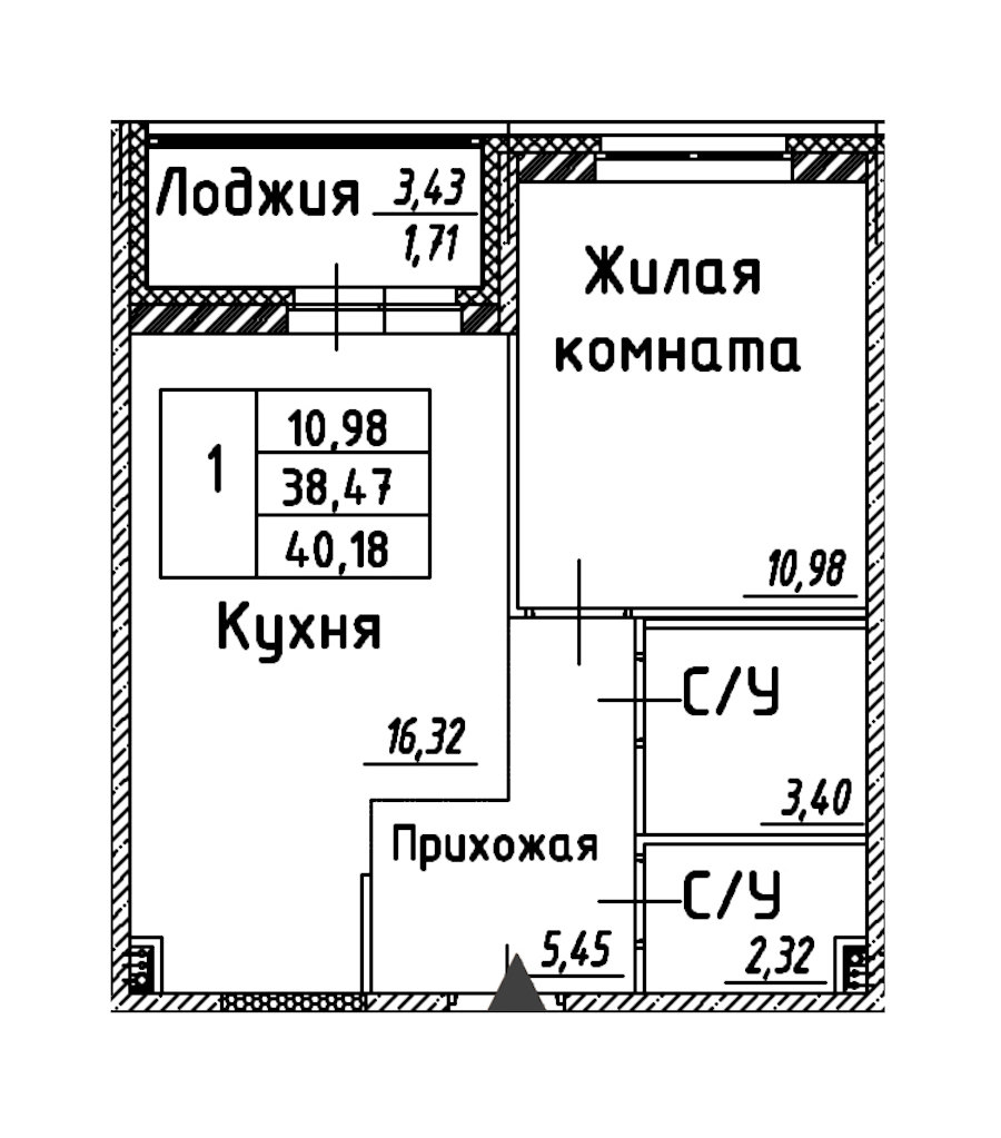1-комнатная квартира 40.18 м², 12/12 эт., ЖК «Энфилд»