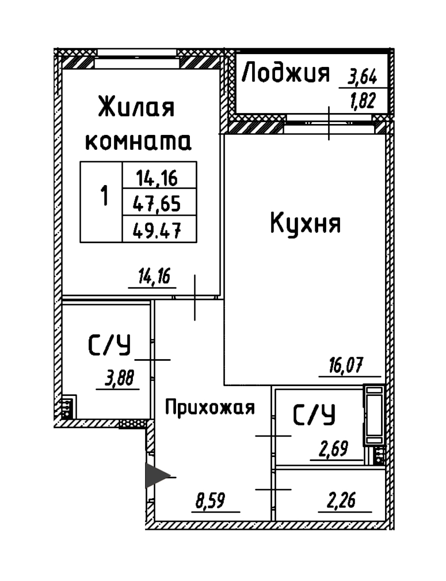 1-комнатная квартира 49.97 м², 4/12 эт., ЖК «Энфилд»