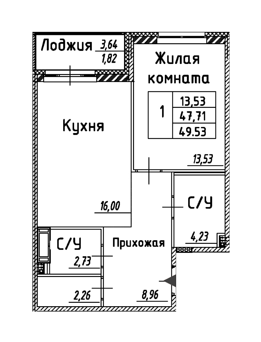 1-комнатная квартира 49.53 м², 4/12 эт., ЖК «Энфилд»
