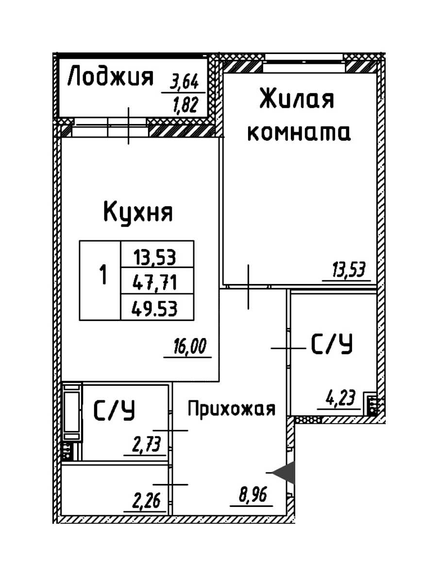 1-комнатная квартира 49.53 м², 12/12 эт., ЖК «Энфилд»