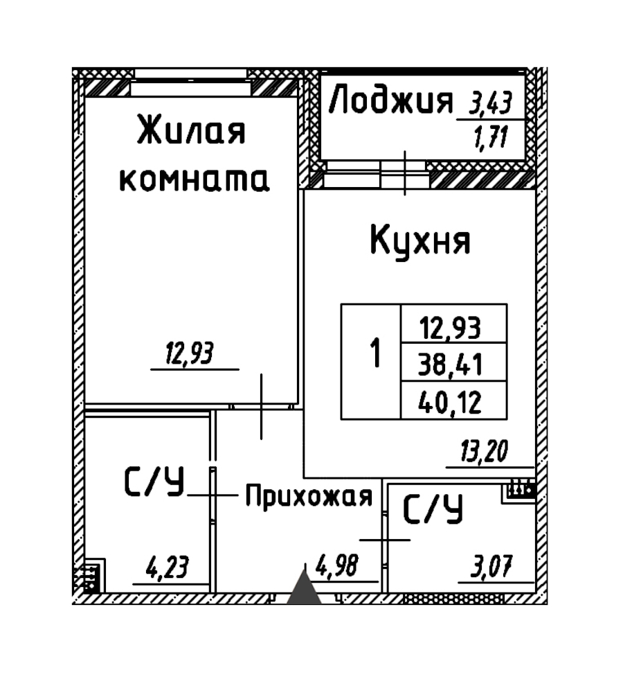1-комнатная квартира 40.12 м², 3/12 эт., ЖК «Энфилд»