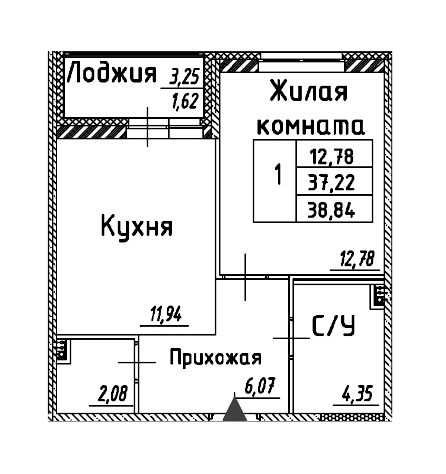 1-комнатная квартира 38.84 м², 7/12 эт., ЖК «Энфилд»