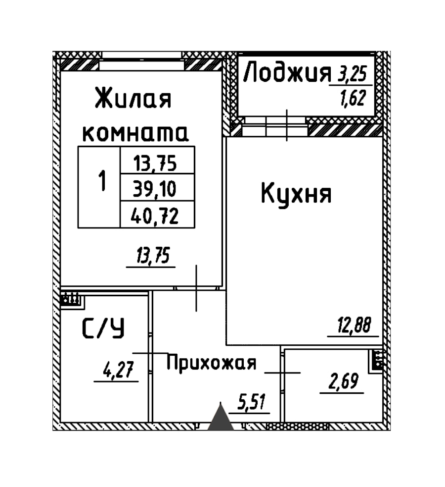 1-комнатная квартира 40.72 м², 4/12 эт., ЖК «Энфилд»