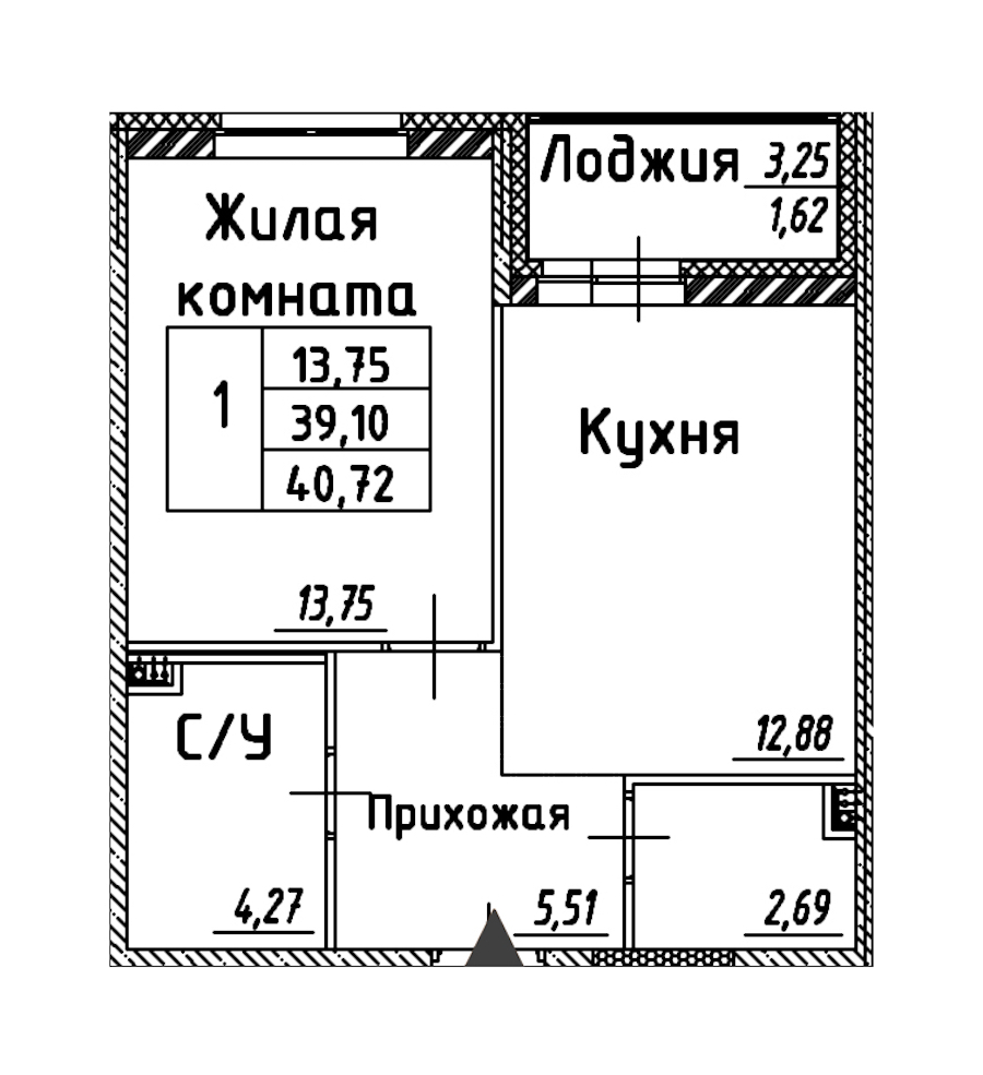 1-комнатная квартира 40.72 м², 11/12 эт., ЖК «Энфилд»