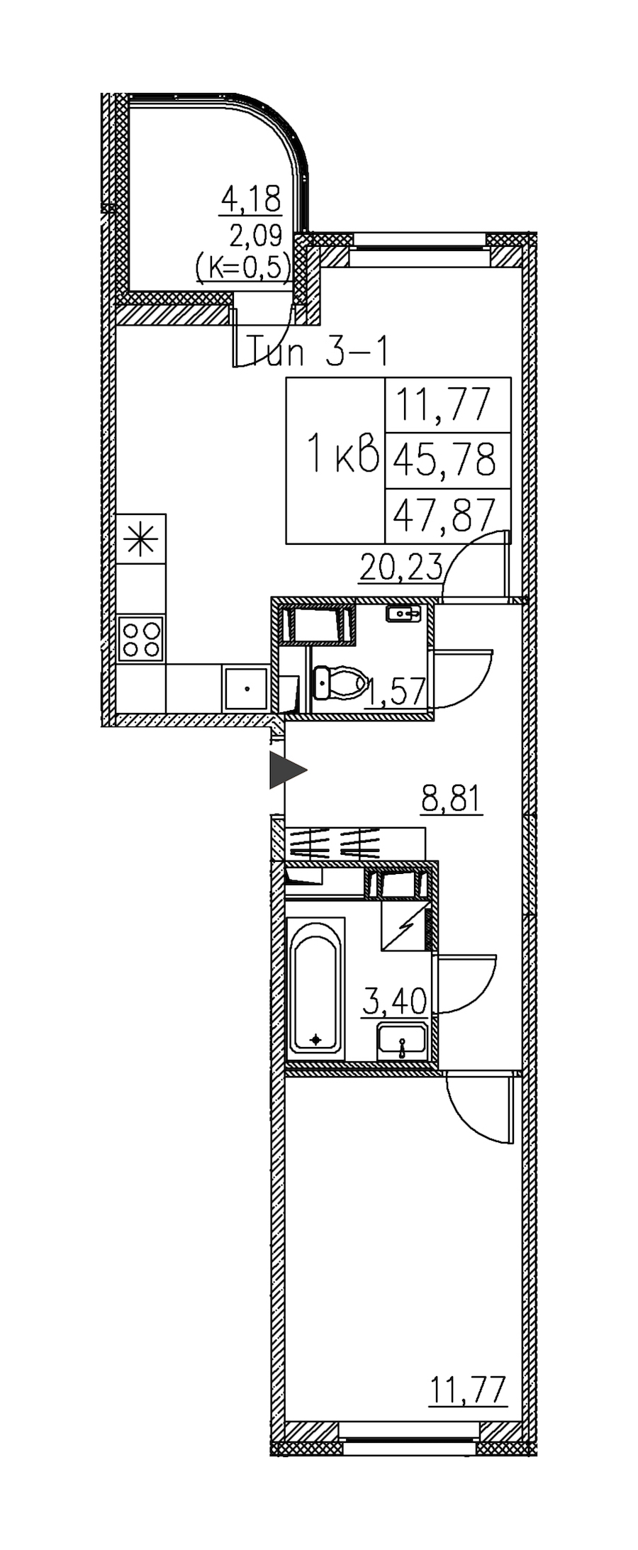 1-комнатная квартира 45.97 м², 2/12 эт., ЖК «Энфилд»