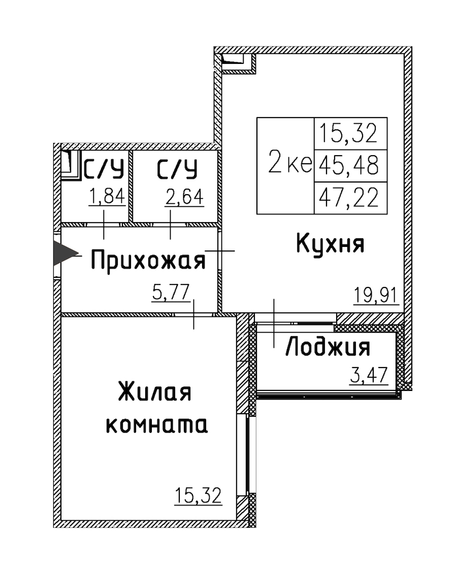 1-комнатная квартира 47.22 м², 2/12 эт., ЖК «Энфилд»