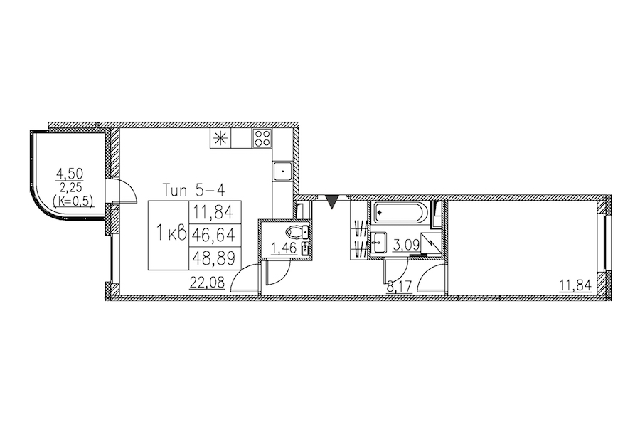 1-комнатная квартира 48.89 м², 2/12 эт., ЖК «Энфилд»