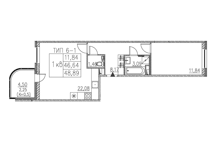 1-комнатная квартира 48.89 м², 2/12 эт., ЖК «Энфилд»