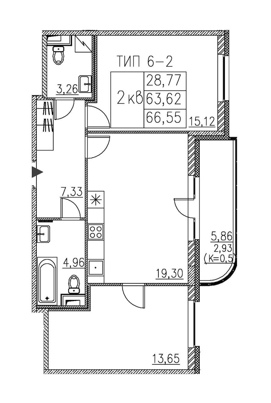 2-комнатная квартира 66.55 м², 2/12 эт., ЖК «Энфилд»