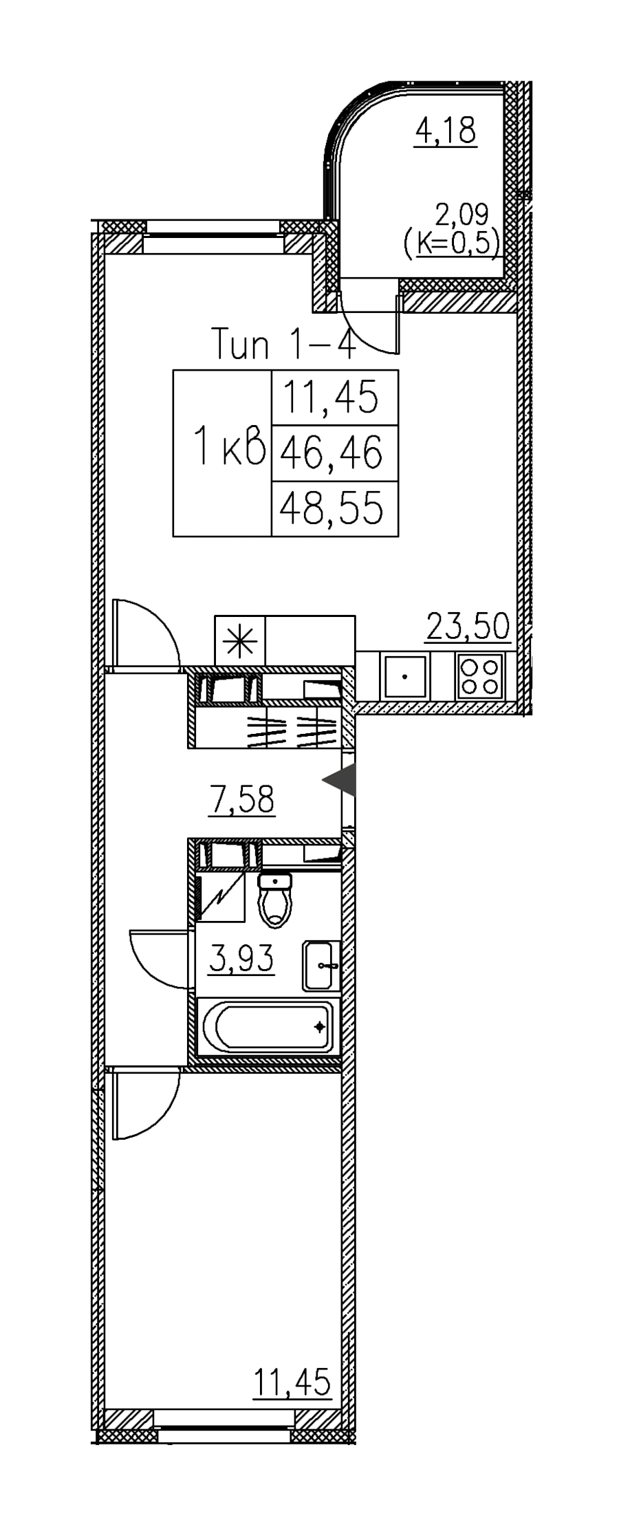 1-комнатная квартира 48.55 м², 2/12 эт., ЖК «Энфилд»