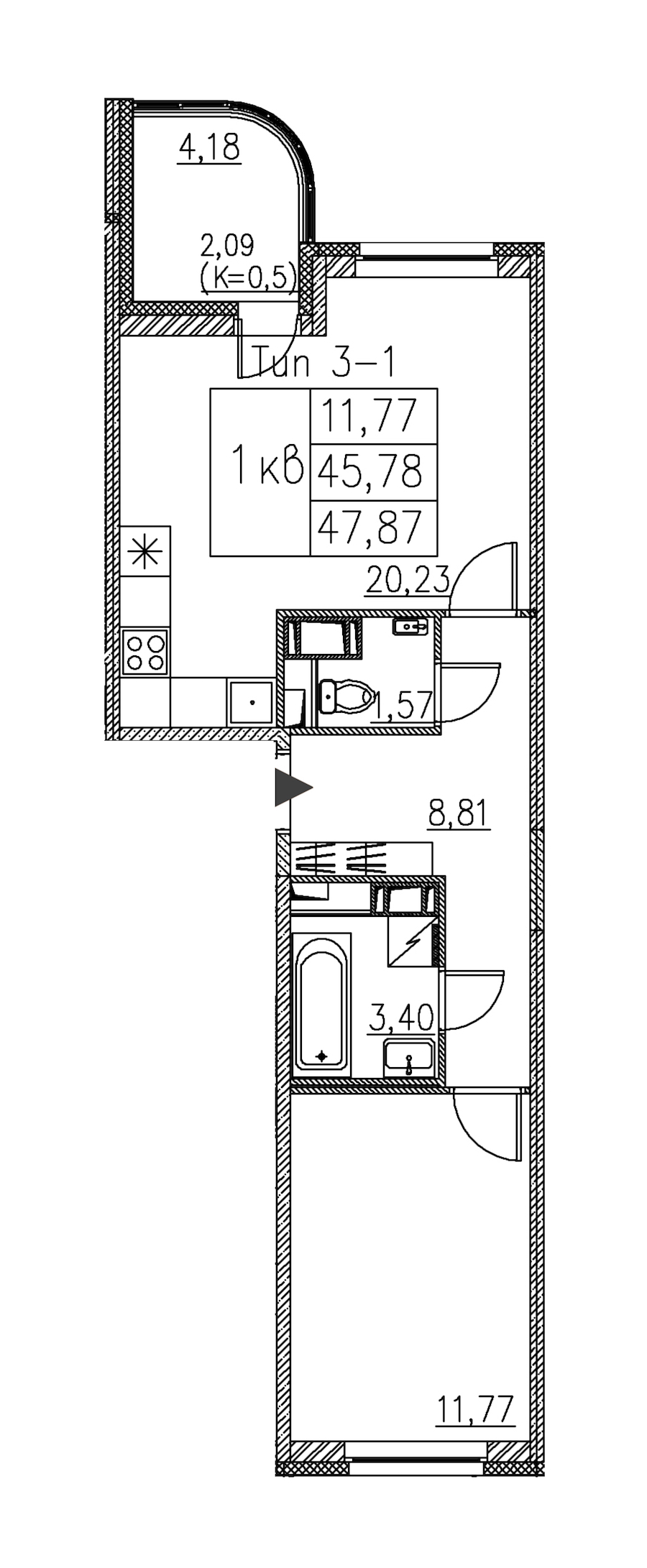 1-комнатная квартира 45.97 м², 6/12 эт., ЖК «Энфилд»