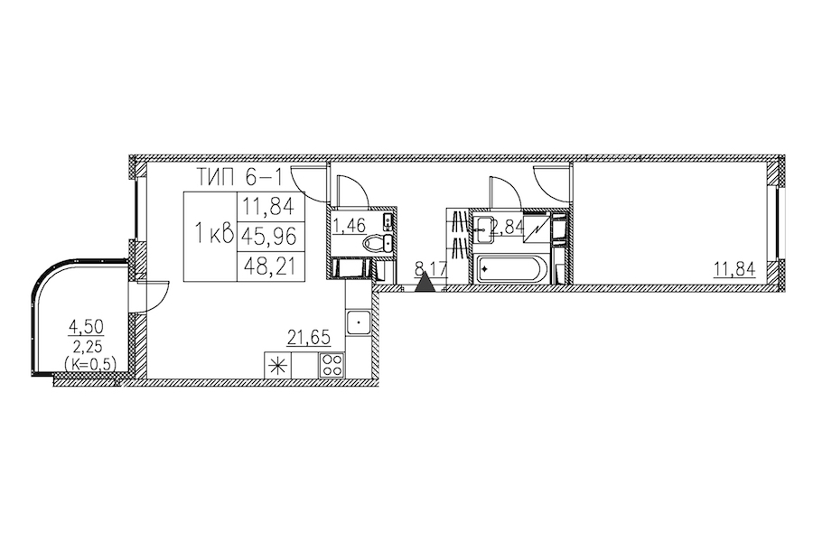 1-комнатная квартира 48.21 м², 11/12 эт., ЖК «Энфилд»
