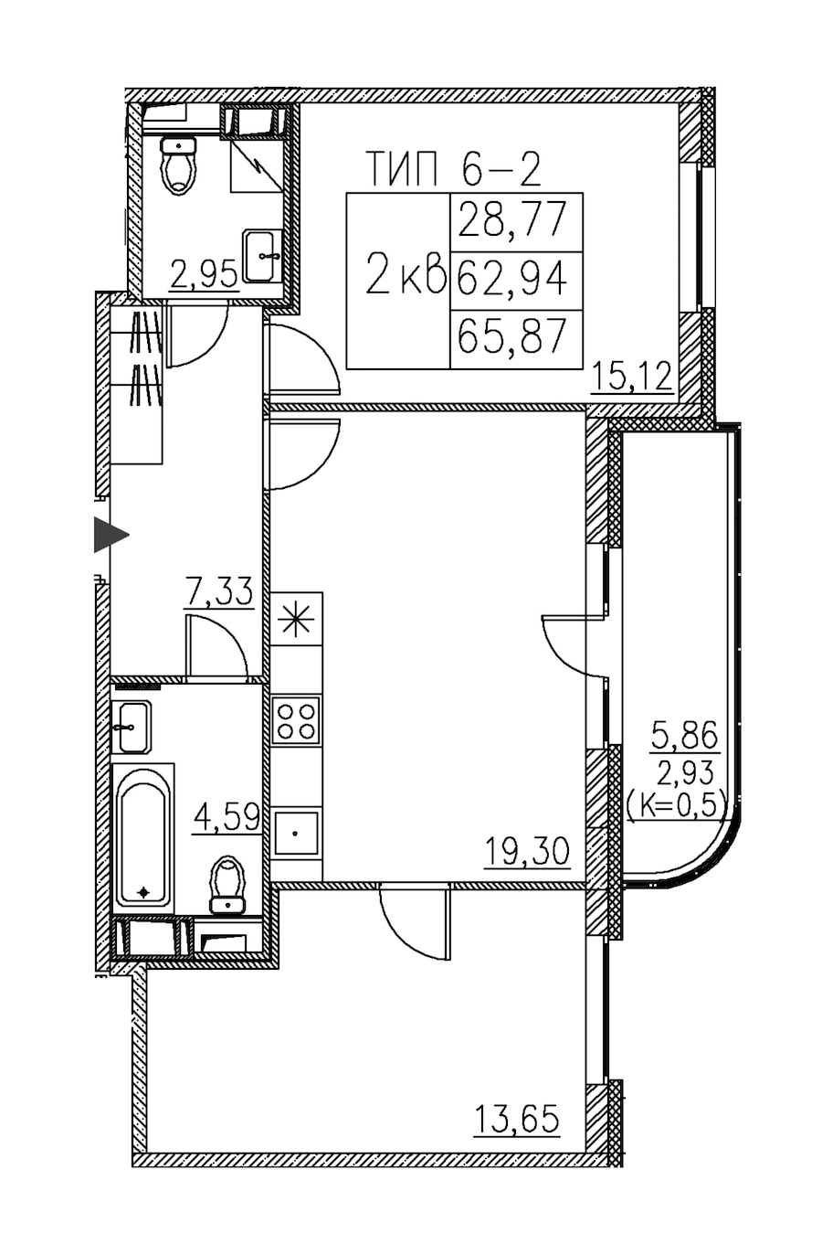 2-комнатная квартира 65.87 м², 4/12 эт., ЖК «Энфилд»