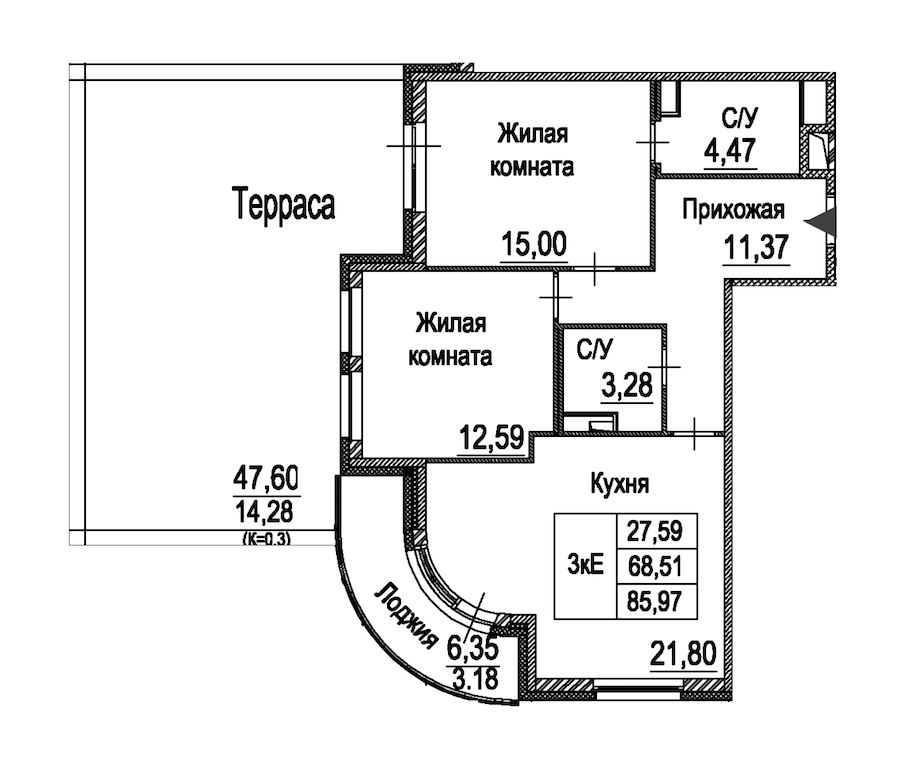 2-комнатная квартира 85.97 м², 2/12 эт., ЖК «Энфилд»