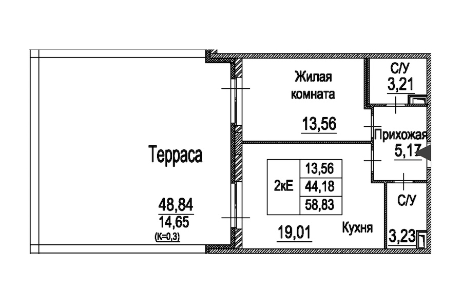 1-комнатная квартира 58.83 м², 2/12 эт., ЖК «Энфилд»
