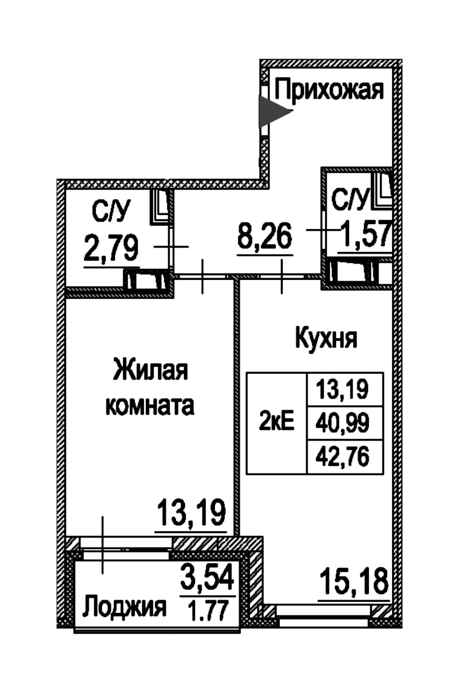 1-комнатная квартира 42.76 м², 6/12 эт., ЖК «Энфилд»